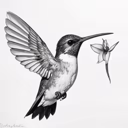 a black and white image of a bird with wings spread