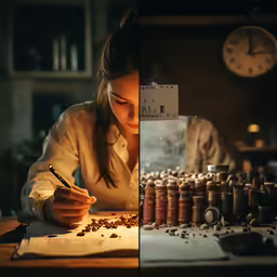 the girl is writing on her paper with a pen
