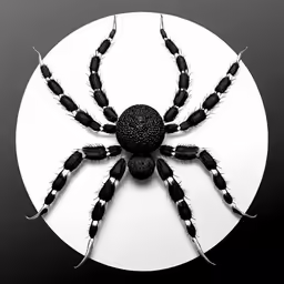 the underside view of a black spider sitting on a circular plate