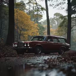 a car that is parked on the dirt near trees