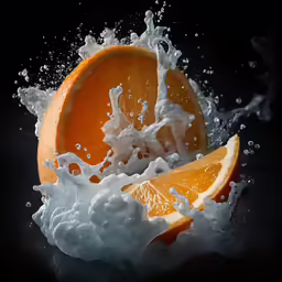 an orange wedged in some water on a black background