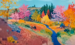 a painting of a road passing through trees