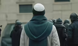 a person with a green coat walking in front of police