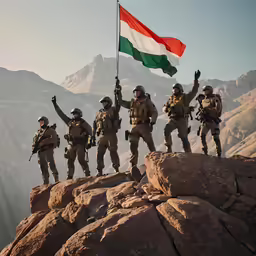 soldiers with arms up on a rocky outcrop