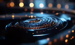 a circular array of lights and circles reflected in a metal surface