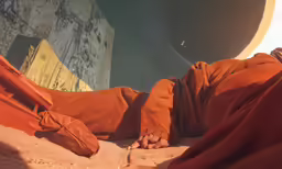there is a person laying down in a orange outfit