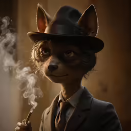 a fox in a suit smoking with his face covered by smoke
