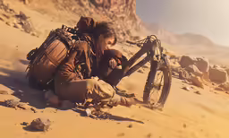 a person is laying in the sand next to a bike