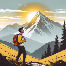 a man with a backpack standing on a hill overlooking the mountains