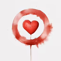 a heart hanging from a red paint splattered circle