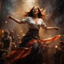 a woman in a dress holds her hands up as she dances in the air