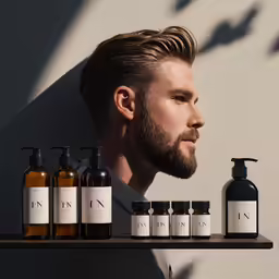 a man with six bottles of products lined up on a shelf