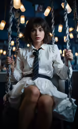 woman with white shirt and tie sitting on a swing