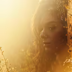 woman standing in a grassy area wearing yellow flowers