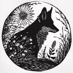 a drawing of a wolf in a field,a black and white picture with flowers in the background