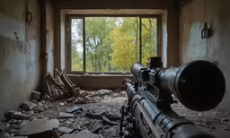 a rifle and rifle scope in a destroyed out building