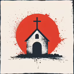 a red sun and a white building with a cross on it