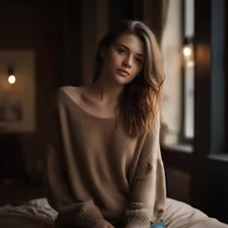 a pretty woman with blond hair sitting on a bed