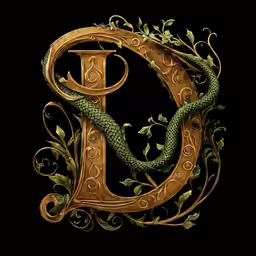 the letter r, decorated with vines and leaves