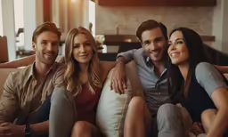 a group of people are sitting on a couch smiling
