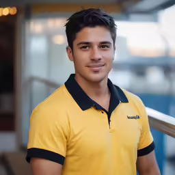 a close up of a person wearing a yellow shirt and black shirt