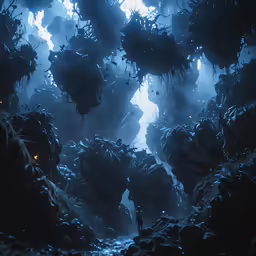 a dark fantasy scene with a lone person in the distance
