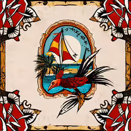 an artistic painting of a bird on a sail boat,a painting on canvas featuring a colorful boat