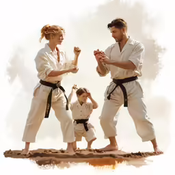 a man and woman performing karate on top of a rock