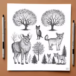 ink art of deer and fox, by the woods