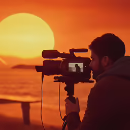 a man taking photos of a setting sun with a camera