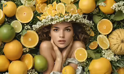 a young woman is posing in an image made of fruit