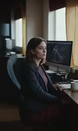 the girl sits on a chair in front of a computer
