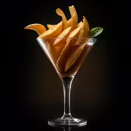 a glass full of fries that have fallen into the glass