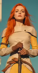 a woman with red hair wearing a beige dress