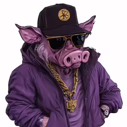 a man in purple jacket and hat next to a pig wearing sunglasses