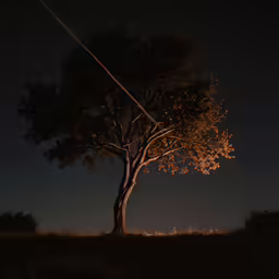 a long thin light shines from the top of a tree