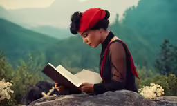 an image of a woman reading on top of a rock