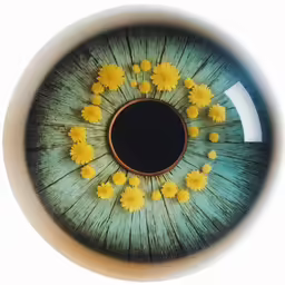 a glass bowl with some yellow flowers in the center