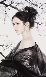 the woman is wearing a black dress under a tree