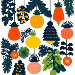 an image of oranges, lemons, and other plants hanging from hooks