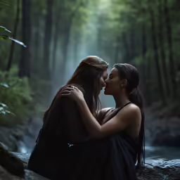 two women are shown in the woods next to a river