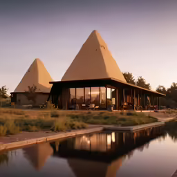 three triangle shaped buildings sit on the edge of a body of water