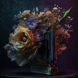 a bunch of flowers are in an old style vase,an image of flowers in a gun vase