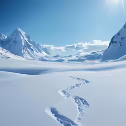 a sunny view of snow with a trail going through the foreground