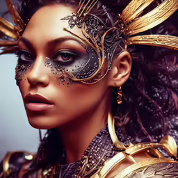 a woman with gold makeup and hair wearing a costume