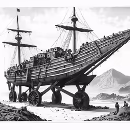 a large wooden boat sitting on top of a beach