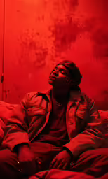 a man sitting on top of a bed under a red light