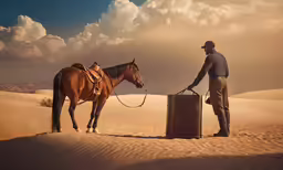 a person standing with a horse next to some luggage