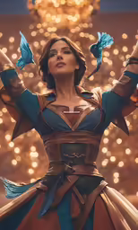 a woman dressed in a costume with two blue birds on her shoulders