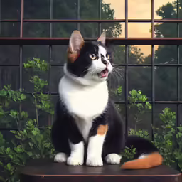 black and white cat sitting on a stool with trees in the background